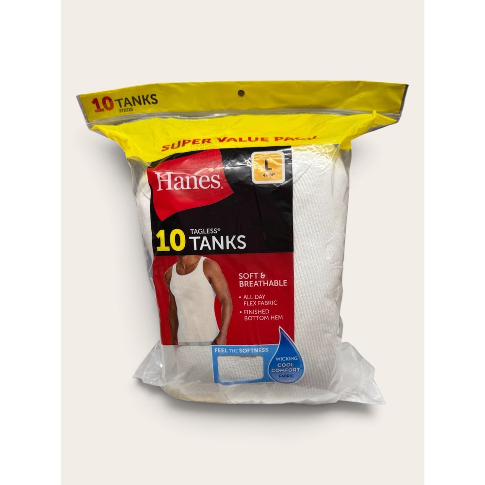 Hanes Mens Tagless Tank Tops 10 Pack White Ribbed Undershirts Size L 372Z10